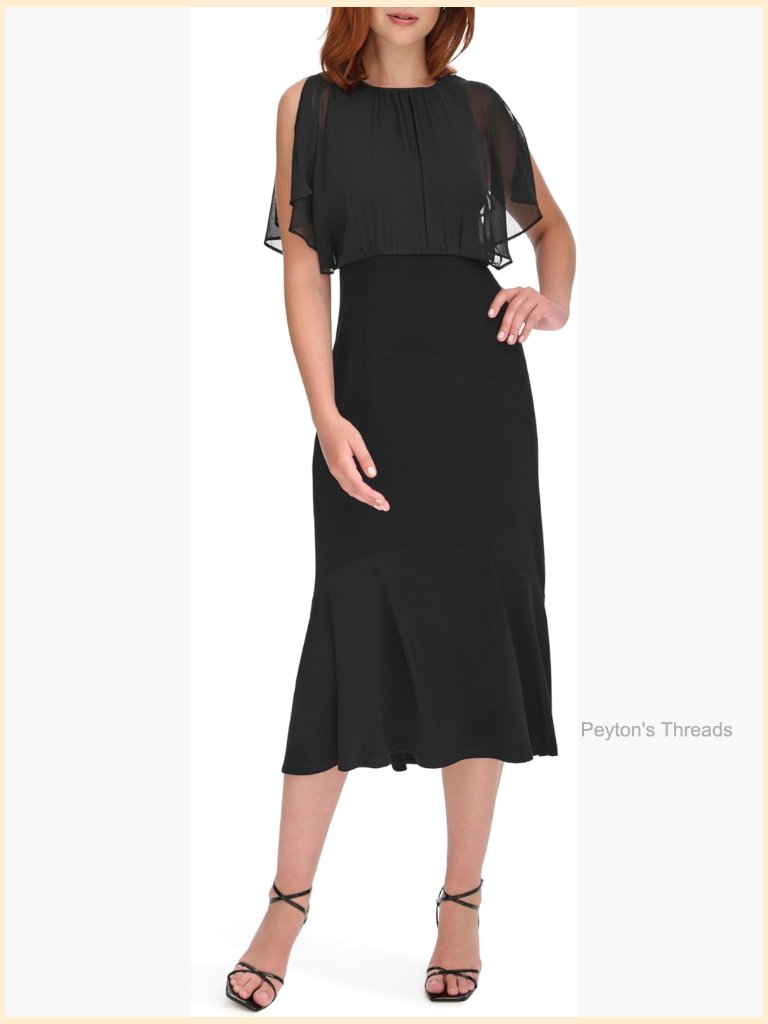 Sheer Overlay Keyhole Neck Jersey/Chiffon Mix Dress - Long Sleeve Midi